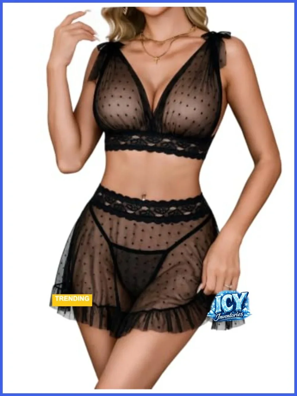 Sheer Lace Babydoll Lingerie Set 3 Piece Deep V Plunging Mesh